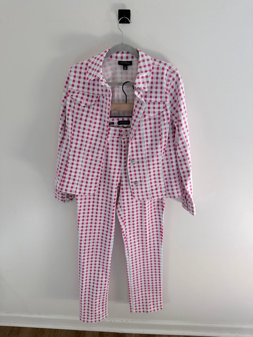 Charter Club Pink Blue Gingham Denim Jacket & Ankle Pants-Size M